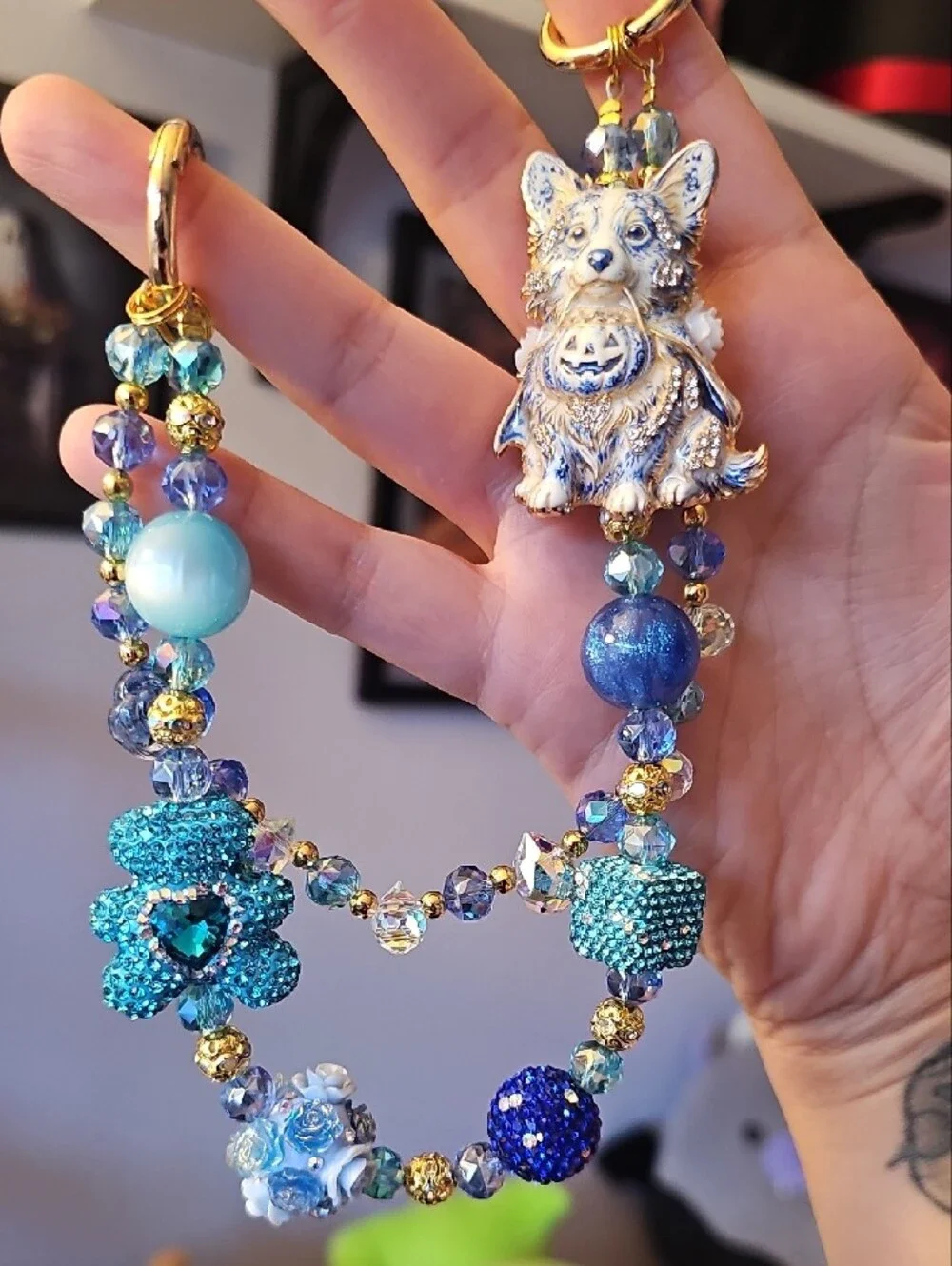 Blue and White Corgi Purse Charm